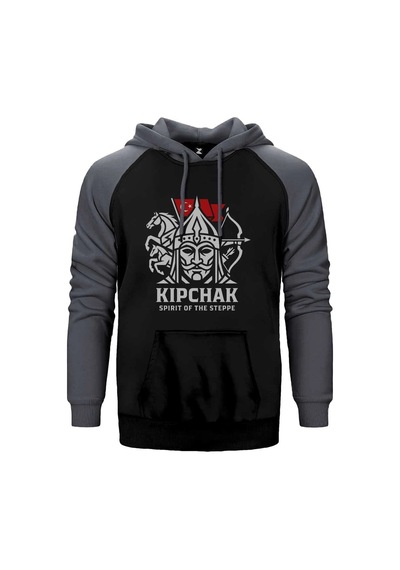 Kıpçak Atlı Okçu Türk Bayraklı Baskılı Gri Renk Reglan Kol Sweatshirt / Hoodie