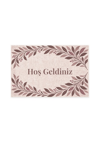 Kartela Halı Hoş Geldiniz Yazılı Yaprak Desenli Kapı Paspası Gül Kurusu Kaymaz Kauçuk Taban 40x60 Cm