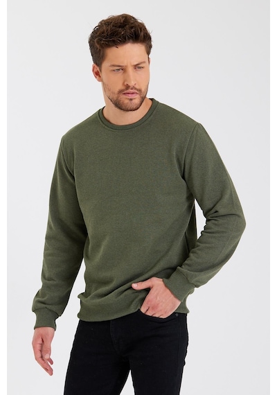 MMetalic Bisiklet Yaka Etiket Detayı İçi Pamuklu Erkek Sweatshirt Haki