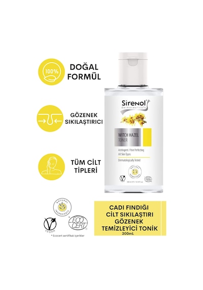 Sirenol Natural Cadı Fındığı Tonik 300 ML + Makyaj Temizleme Pamuğu + Yüz Temizleme Köpüğü 250 ML