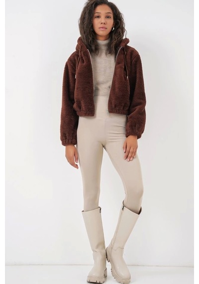 Defymoda 5193 Kapüşonlu Peluş Crop Ceket - Kahverengi Kahverengi