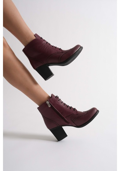 Analin Shoes Kadın Hakiki Deri Lazer Detaylı Bağcıklı Bot Bordo