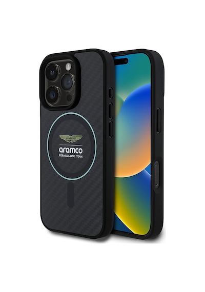 Apple Uyumlu iPhone 16 Pro Max Kılıf Aston Martin Lisanslı Magsafe Renkli Halka Ve Karbon Fiber Kapak Siyah-yeşil