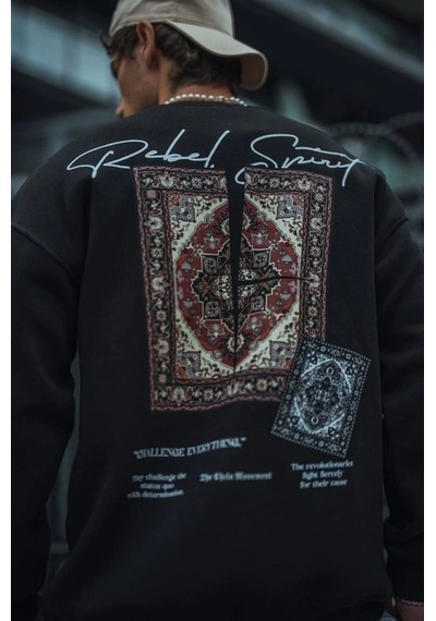 Barlashive Erkek 3 İplik Pamuklu Bisiklet Yaka Baskılı Sweatshirt - Siyah Çok Renkli