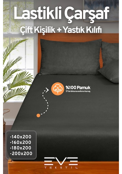 Eve Tekstil Pamuklu Çift Kişilik Rainforce Kumaş Lastikli Çarşaf Ve Yastık Kılıfı Set Siyah