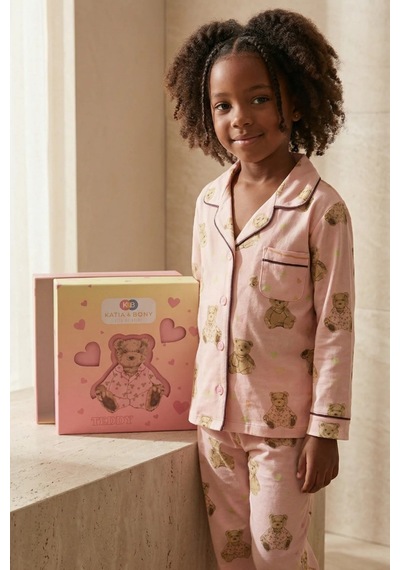 Katia&bony Kız Çocuk Teddy Desenli 3d Kutulu Pijama Takımı Şeftali