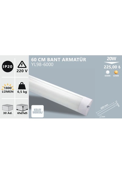Noas 20w 60 Cm Led Bant Armatür, Beyaz Işık Yl98-6000 Beyaz