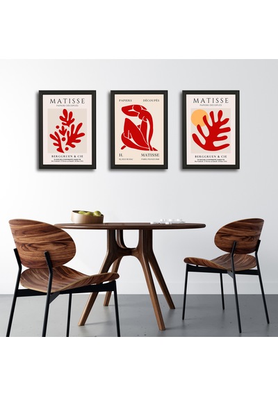 Henri Matisse 3'lü Alüminyum Çerçeveli Poster Seti - Önden Açılır A3 Açılır Kapanır Çerçeve Seti Kırmızı Soyut Figürler, Siyah
