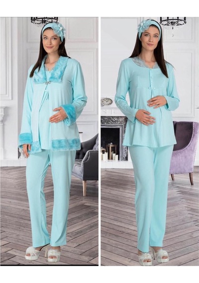 Mecit Pijama Mecit 5304 Turkuaz Peluş Detaylı Sabahlıklı Lohusa Pijama Takım