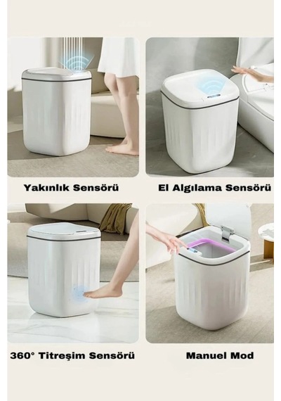 18 Litre Temassız Sensörlü Otomatik Çöp Kovası Gri Çok Renkli