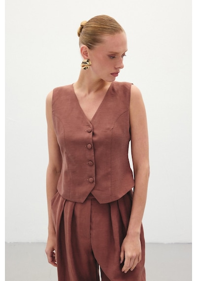 Sateen Keten Yelek - Kahve-136280 Kahve