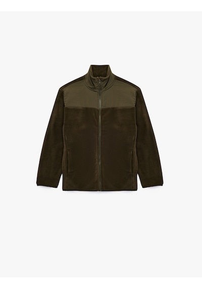 Koton Cepli Fermuarlı Uzun Kollu Dik Yaka Polar Sweatshirt Haki 7wkb10264tk