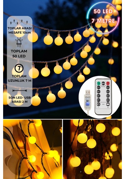 Technosmart 50 Ledli Usbli Kumandalı 8 Modlu 8 Metre Toplu Işık Parti Süsleme Organizasyon Sarı