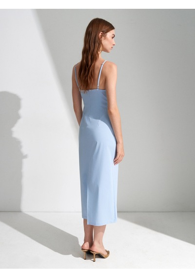 DİLVİN 91479 Büzgülü Midi Elbise-açık Mavi