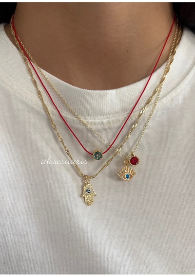 3'lü Şans Kolyesi Kırmızı İpli Zirkon Charm Gold Kadın Kolye Set Altın Altın
