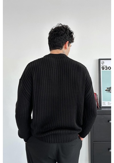 Siyah Bisiklet Yaka Fitilli Oversize Triko Kazak Siyah