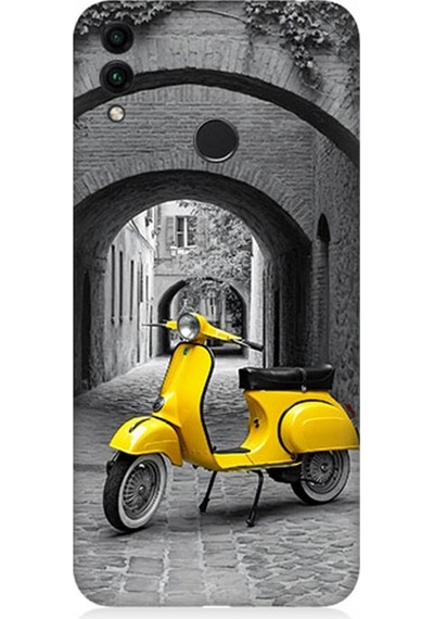 Huawei Honor 8c Uyumlu Taş Sokakta Sarı Vespa Motosiklet Desenli Silikon Kılıf Çok Renkli