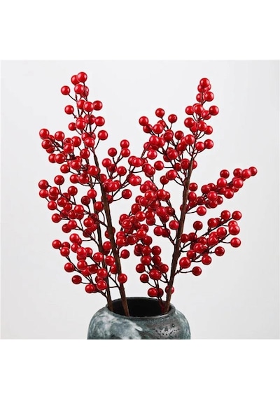 3 Adet Yapay Çiçek Kokina Uzun Dal 63cm Yılbaşı Çiçeği Red Berry