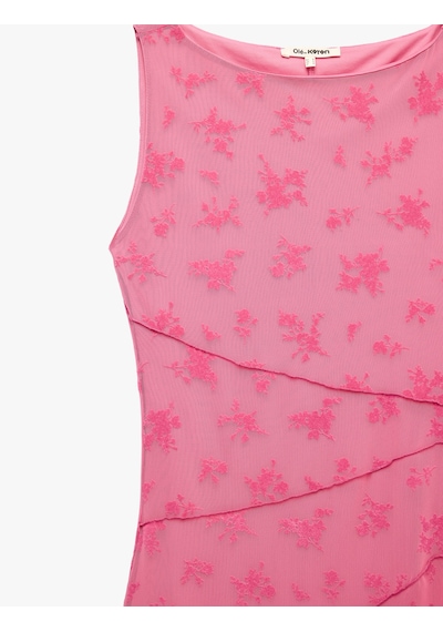 Koton Kayık Yaka Kolsuz Slim Fit Tül Elbise Pembe Desenli 7wal80017ık