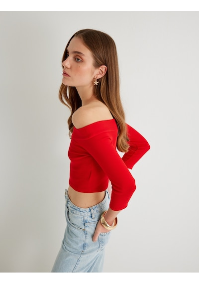 Koton Omzu Açık Crop Tişört Dirsek Boy Kol Pamuklu Slim Fit Kırmızı 4sak50021pk Kırmızı