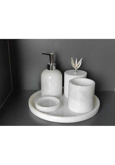 Beyaz Mermer Gümüş Zeytin Dalı Aksesuarlı 5'li Banyo Seti Beyaz