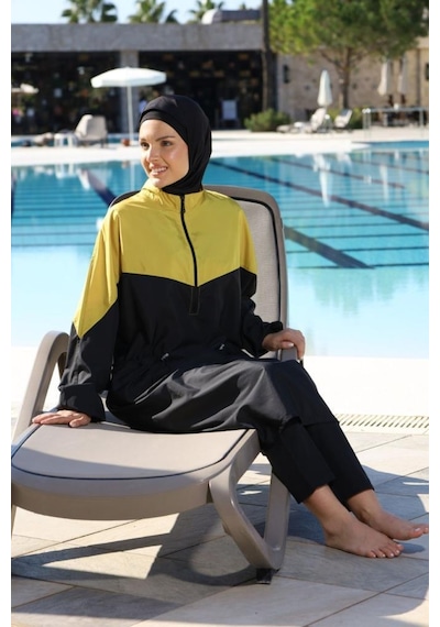 Estiva 26967 Siyah Golden Tam Kapalı Pantolonlu Fermuarlı Uzun Tesettür Mayo