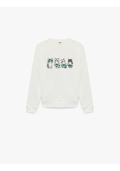 Koton Kedi Baskılı Şardonlu Uzun Kollu Bisiklet Yaka Sweatshirt Ekru 7wkg10405ak
