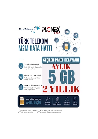 Türk Telekom M2m Data Hattı 2 Yıllık 5gb Araç Takip Alarm Kamera Pos Uyumlu Sim Kart