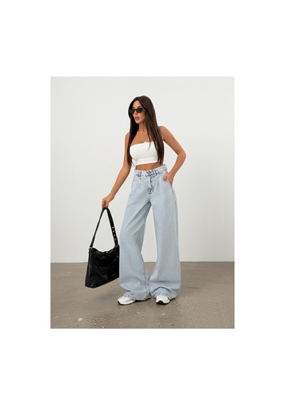 Bluemarlin Tam Kalıp Buz Kar Yüksek Bel Ön Arka Pensli Bol Paça Baggy Jeans Buz Kar