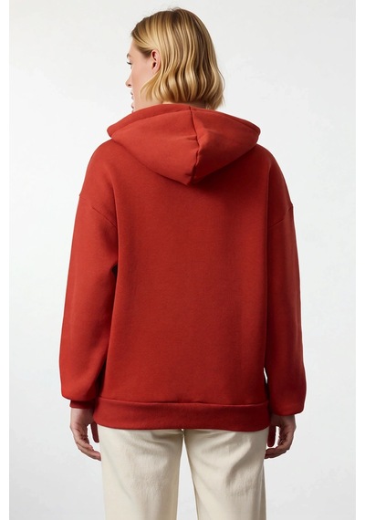 Benerly Kadın Kapüşonlu Düşük Kol Oversize Sweatshirt Fonksiyonel Dayanık Kiremit