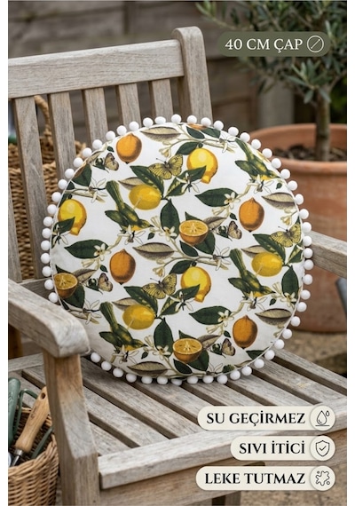 Yuvarlak Minder 40 Cm Ponponlu Limon Desenli Su Geçirmez Sıvı İtici Bahçe Balkon Minderi Çok Renkli