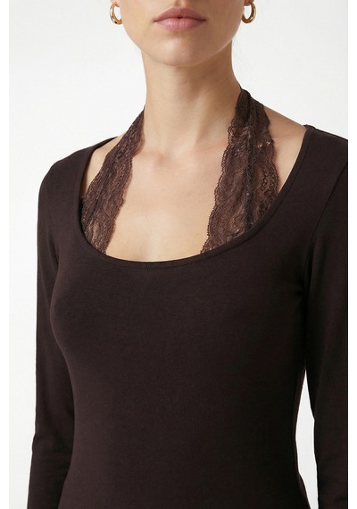 Ritnice Kadın Emma Dantel Detaylı Uzun Kollu Kahverengi Basic Top / Bluz Kahverengi