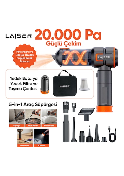 Laiser Vt-120 5-in-1 Kablosuz Araç Süpürgesi: 20.000 Pa Güç & Değiştirilebilir 2 Bataryalı Powerbank Ve Led Işık Özellikli 20000 Pa