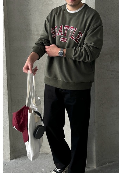 Erkek Seattle Baskılı Oversize Sweatshirt Haki