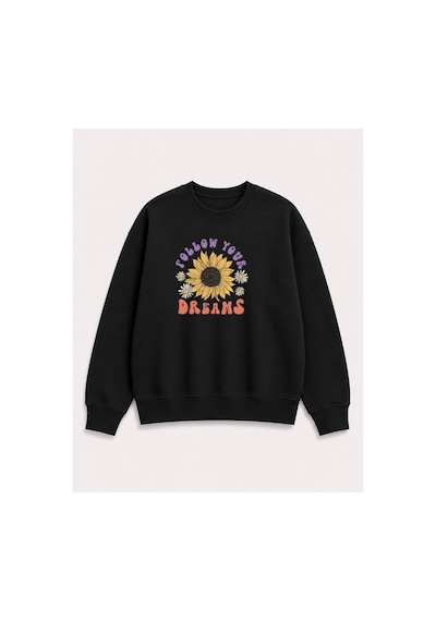 Herkesemoda Ayçiçek Baskılı 2 İplik Şardonlu Bisiklet Yaka Sweatshirt Siyah