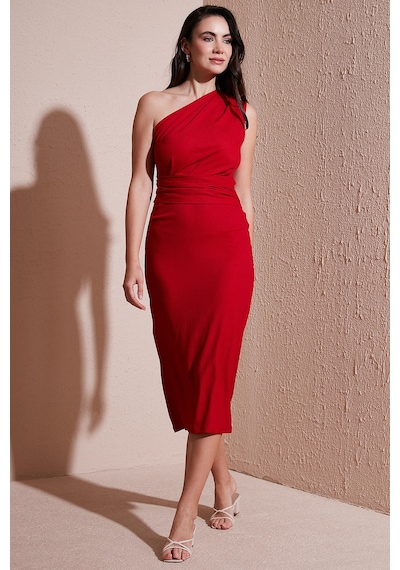 Lela Desenli Slim Fit Midi Boy Tek Omuzlu Bayan Elbise 5866202 Kırmızı Lela Desenli Slim Fit Midi Boy Tek Omuzlu Bayan Elbise 5866202 Kırmızı