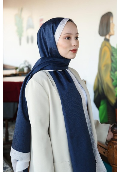 Premium Lux Original Monogram Şal İpek Vual, Yüksek Kalite, Hafif, Rahat, Şık, Tesettür, Shawl Lacivert Krem Şeritli
