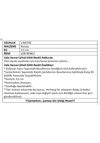 Çantachım Valiz Kemer Şifreli Emniyet Renkli Çok Renkli