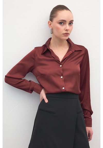 Sateen Saten Gömlek - Bordo-137000 Bordo
