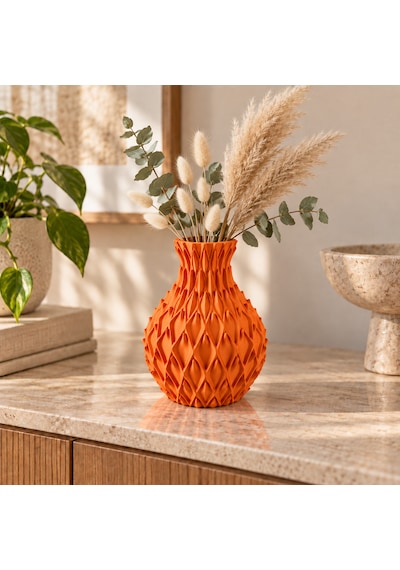 Yaprak Kabartmalı Dekoratif Vazo 20 Cm Kuru Çiçek Ve Pampas Vazosu Turuncu