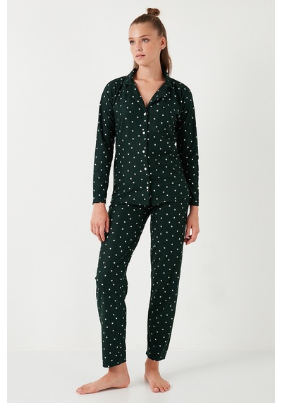 Lela Streç Standart Fit Düğmeli Bayan Pijama Takımı 60956601 Yeşil