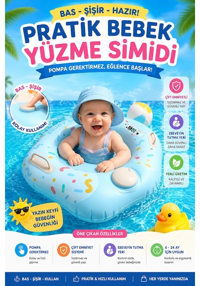 Bebek Yüzme Simidi Bas Şişir Pratik Pompa Gerektirmeyen Ebeveyn Tutma Yerli Çift Emniyetli Mavi Simi