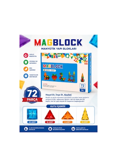 72 Parça Manyetik Yapı Blokları - Tamamı Mıknatıslı - Destekleyici Set - Tüm Markalarla Uyumlu.