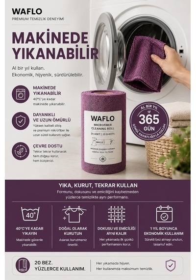 Mikrofiber Temizlik Bezi Rulo 20'li Mürdüm Yüksek Emicilik, Tekrar Kullanılabilir, İz Bırakmaz Çok Renkli