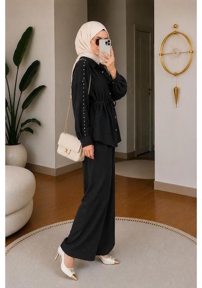Hira Life Fashion Kadın Kolu Taş Detaylı Bel Bağlamalı Salaş Keten Gömlek Pantolon İki 'li Şık Takım Siyah Siyah Hira Life Fashion Kadın Kolu Taş Detaylı Bel Bağlamalı Salaş Keten Gömlek Pantolon İki 'li Şık Takım Siyah Siyah