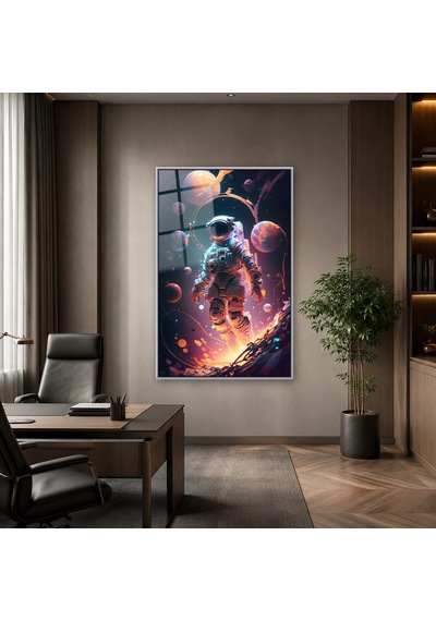 Gezegenler Arasında Işıklı Astronot Gümüş Çerçeveli Cam Tablo