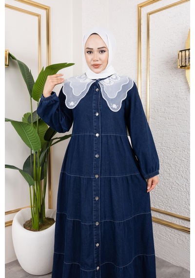 Hb Harma Time Butik Kadın Düğmeli Dantel Yaka Lacivert Kot Elbise
