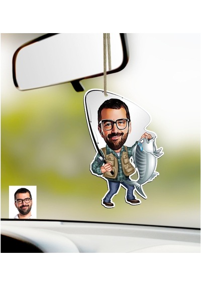 Kişiye Özel Bay Balıkçı Karikatürlü Ahşap Araba Dikiz Ayna Süsü