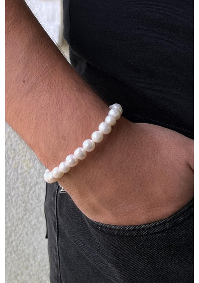 8,5 Mm Sıralı Doğal İnci Erkek Bileklik 19 Cm / Rose Gümüş