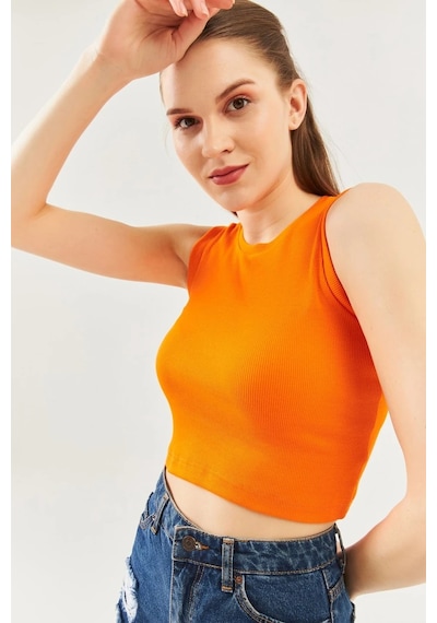Butikgiz Kadın Sıfır Kol Bisiklet Yaka Vücuda Oturan %100 Pamuklu Kaşkorse Esnek Crop Bluz Turuncu